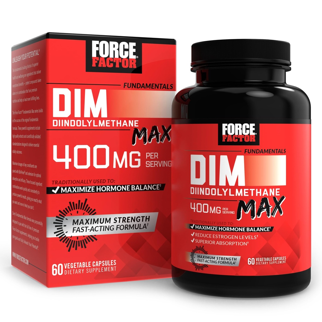 FORCE FACTOR DIM Max, DIM 补充400mg, 女性和男性雌激素平衡,激素Acne,代谢,更年期,PCOS, Diindolylmethane, 高级吸收, 60 Capsules