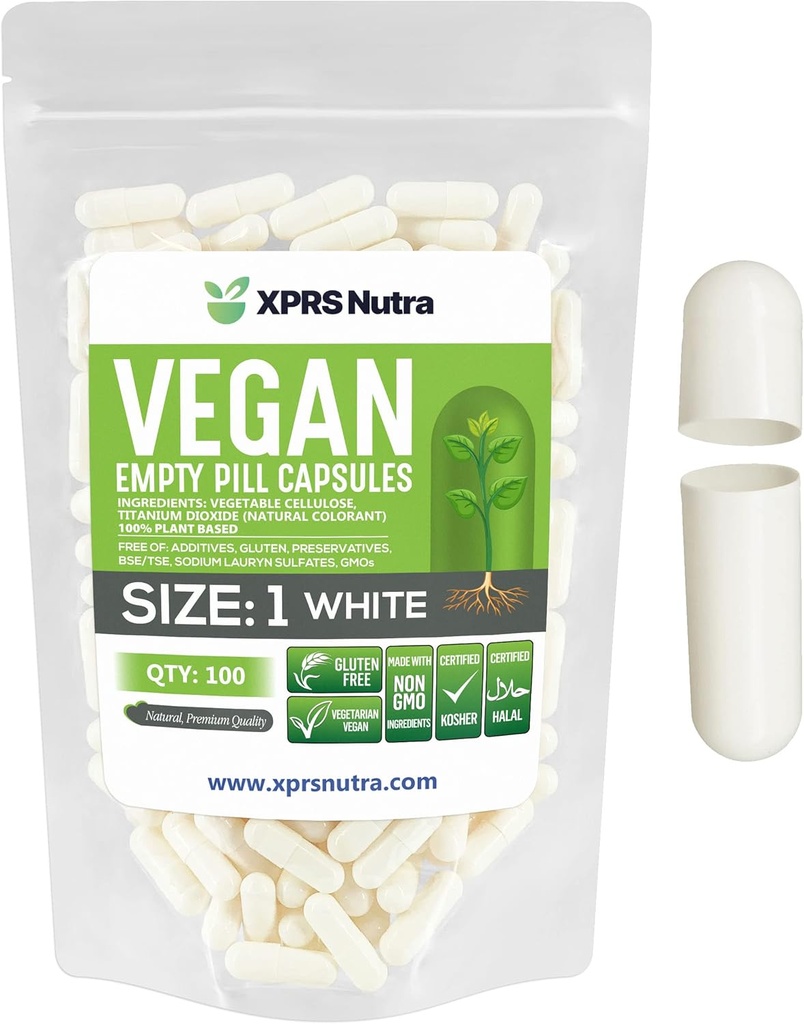 XPRS Nutra 大小 1 空盖- 100 空盖- 100 伯爵 Vegan Capsules - 蔬菜药丸 - DIY 蔬菜药丸 填充 - Veggie Pills for Do-It - Yourself Suppers (白色)