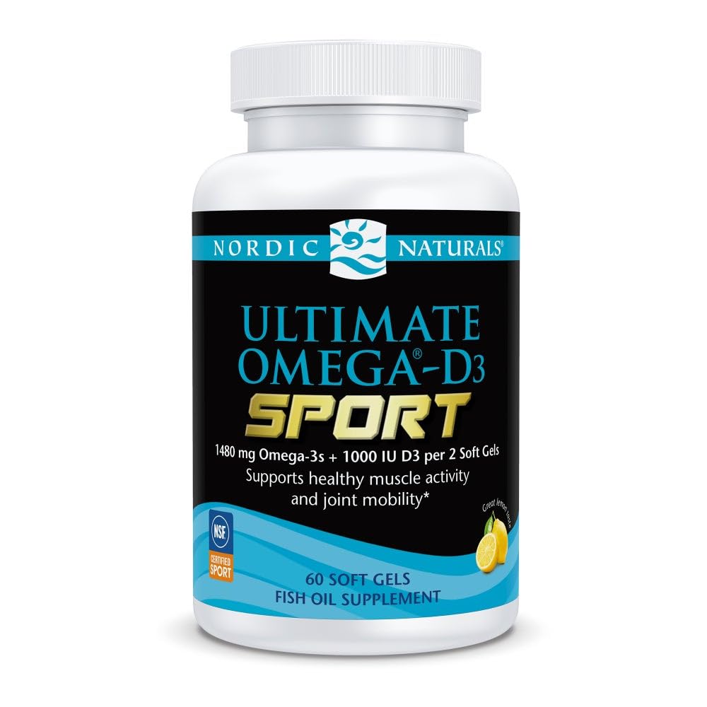 Nordic Naturals Ultimate Omega-D3 Sport, Lemon - 60 Soft Gels - 1480 mg Omega-3 + 1000 IU Vitamin D3 - NSF Certified - Supports Muscle, Bones, Focus & Endurance - 30 Servings