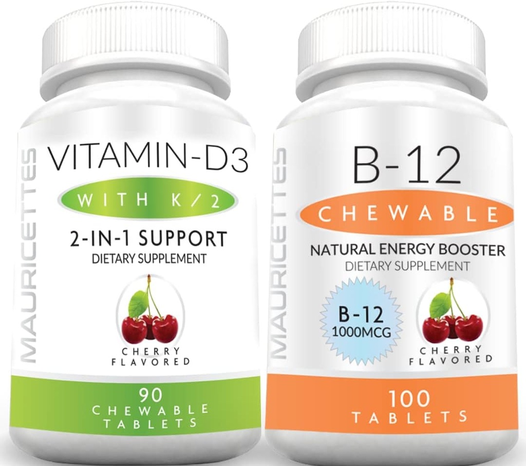 Maurittes 咀嚼可食用维生素D3 配有 K2 & 可食用维生素B12 1000 mcg 能量和免疫支持包
