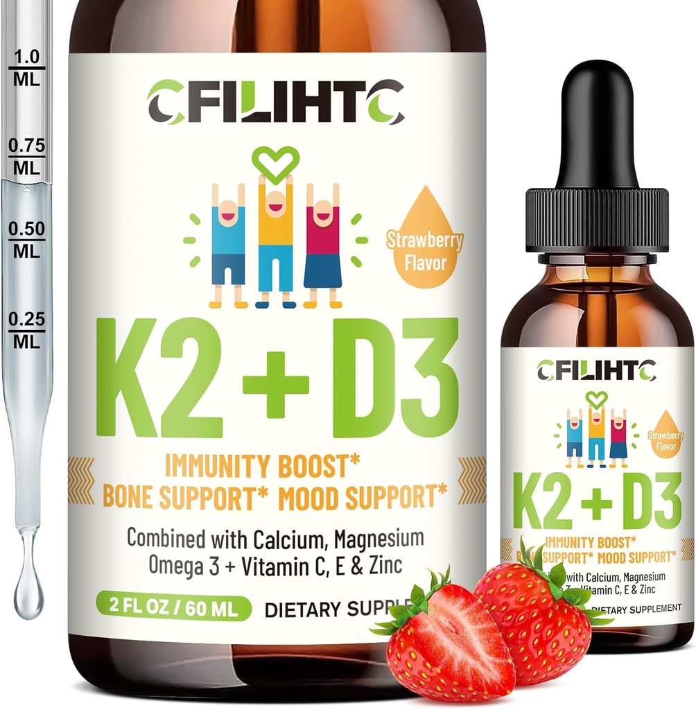 儿童维生素D3 K2 滴液 - Omega 3,维生素E,钙,镁和锌更好吸收 - 液体 MK7 1000 IU D3 健康骨骼,牙齿和心脏支持 - 非GMO, 2 Fl Oz