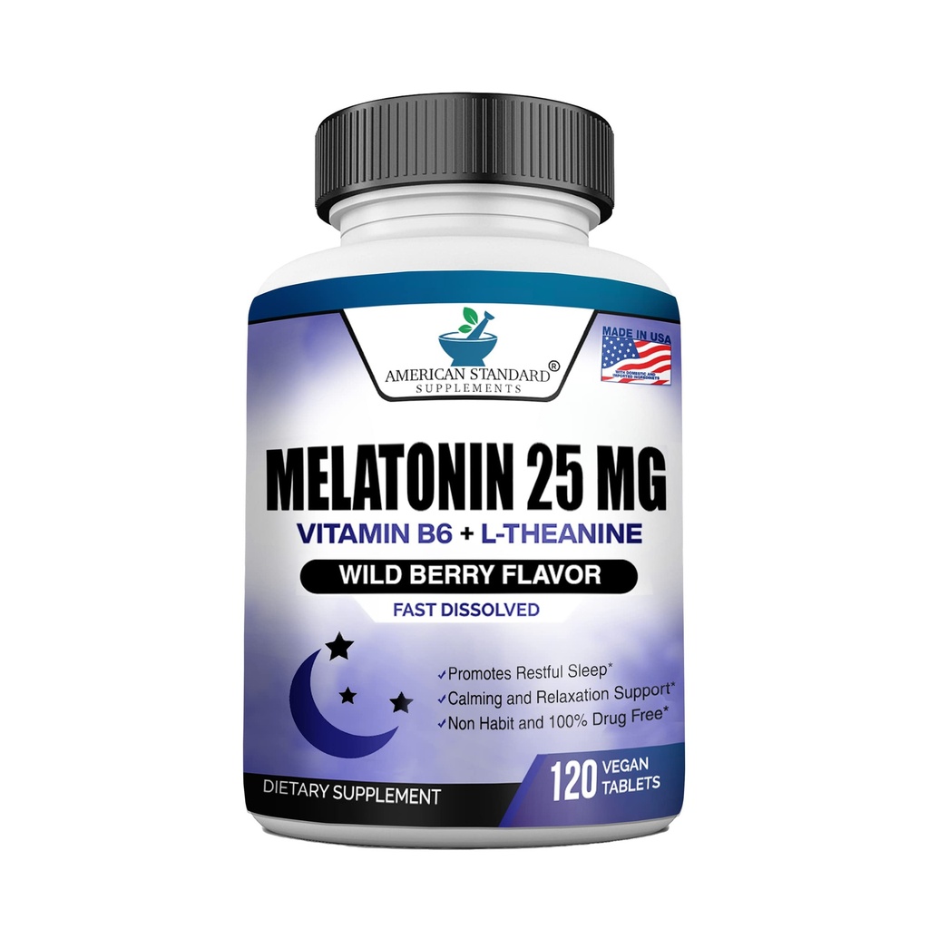 Melatonin 每块一块25毫克,120块可嚼的,配有L-Theanine & Vitamin B-6,支持健康睡眠循环,促进平静和休息睡眠,Vegan,NN GMO,美国制造