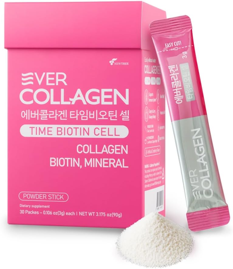 NEWTRE Biotin细胞 低分子重量 海洋Collagen Peptides Powder Packet,皮毛钉蛋白粉补充剂 旅行包 - 无水取用,30棒