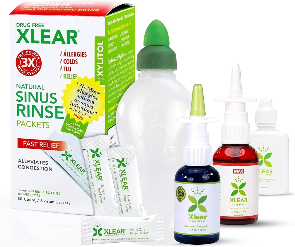 Xlear过敏救灾包,全天过敏救援包,包括用Xylitol喷洒Xlear鼻腔,Xlear MAX鼻腔喷洒,Xlear鼻腔Rinse Neti Pot和50个再填包
