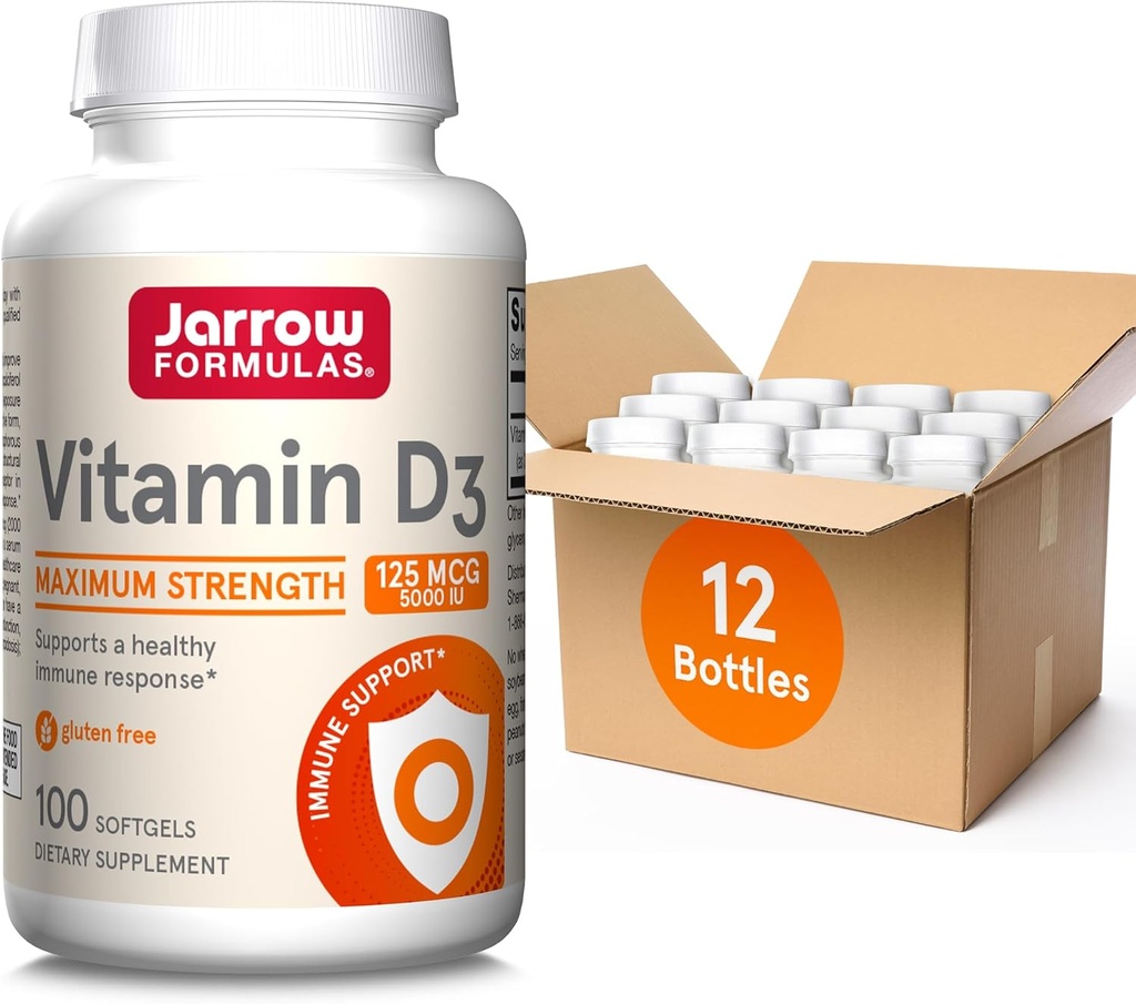 Jarrow Formats 维生素D3 125 mcg(5000 IU) - 100 services (Softgels) - Bone Health, Immun Support & Calcium 代谢支持 - 维生素D 补充 - D3 维生素 - 5000 IU 维生素D (12包)