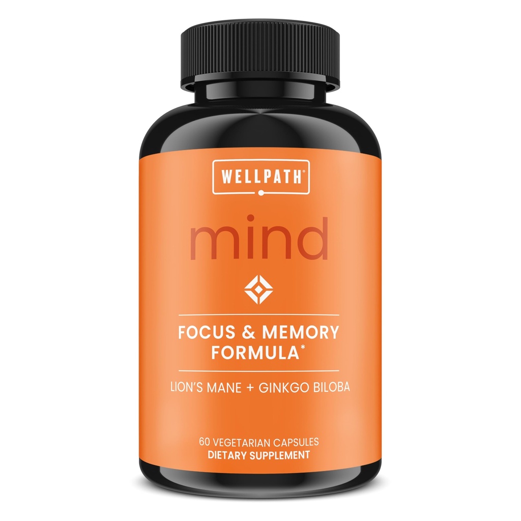 WellPath Mind Brain Remember and Focus with Lion's Mane – Ginkgo Biloba 和L-Thenine 长期认知支持 – Vegan, Non-GMO, 60 Ct