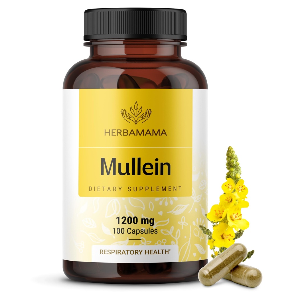 HERBAMAMA Mullein 叶片卡普勒斯 - 1200mg Mullein 叶片提取用于肺部排毒支持 - Vegan,非GMO呼吸性肺清洁剂补充剂