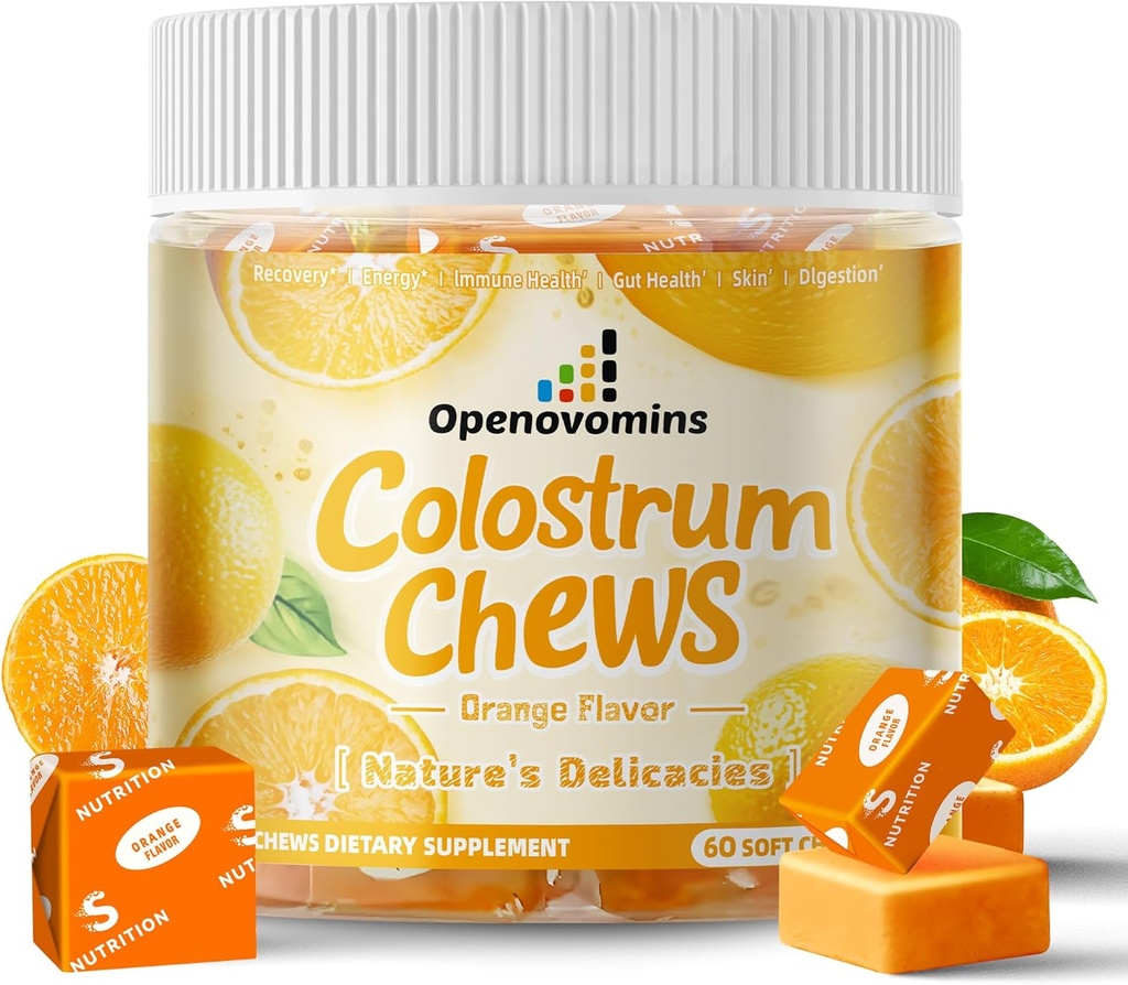 Bovine Colostrum Soft Chews 配有助生素的增生剂,用于Gut Health, Bloating, Immune Support, Skin, 头发生长和美貌 - 橙色火焰(60种服务)