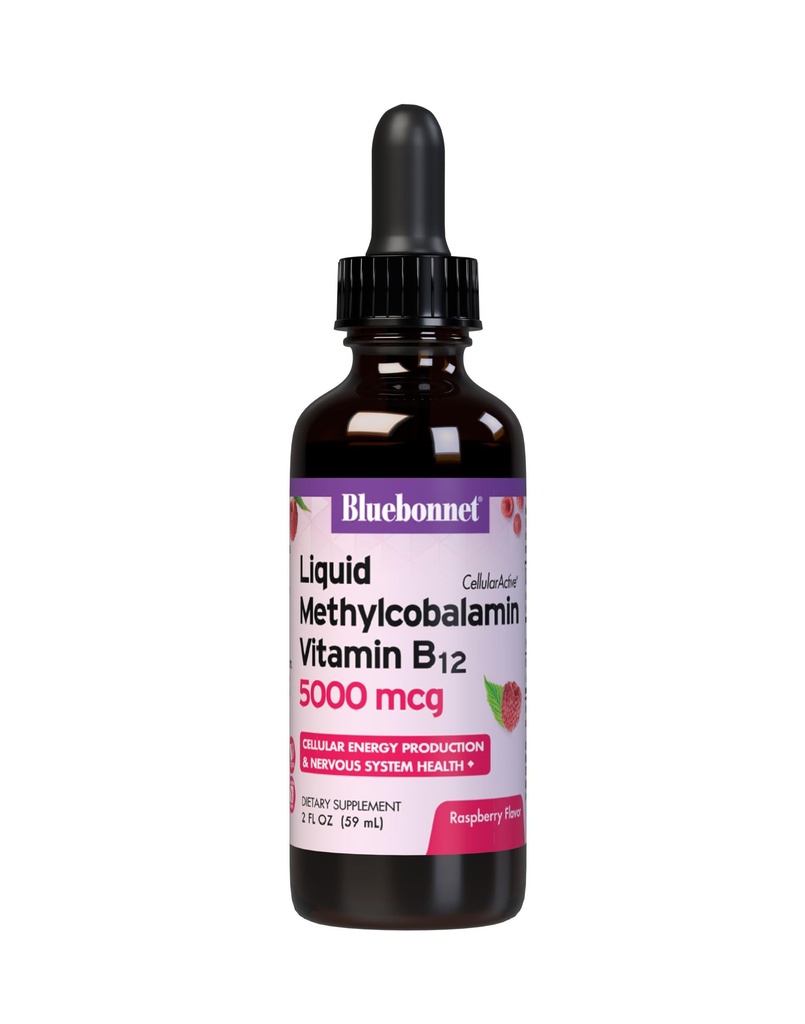 bluebonnet 液态甲基Cobalamin 维生素 B12,5000 mcg 活性Coenzyme Form of Vitamin B 12 液态滴水能量补充物 女性和男性 - Vegan, Gluten - Free - Raspberry Flavor - 2 Fl Oz