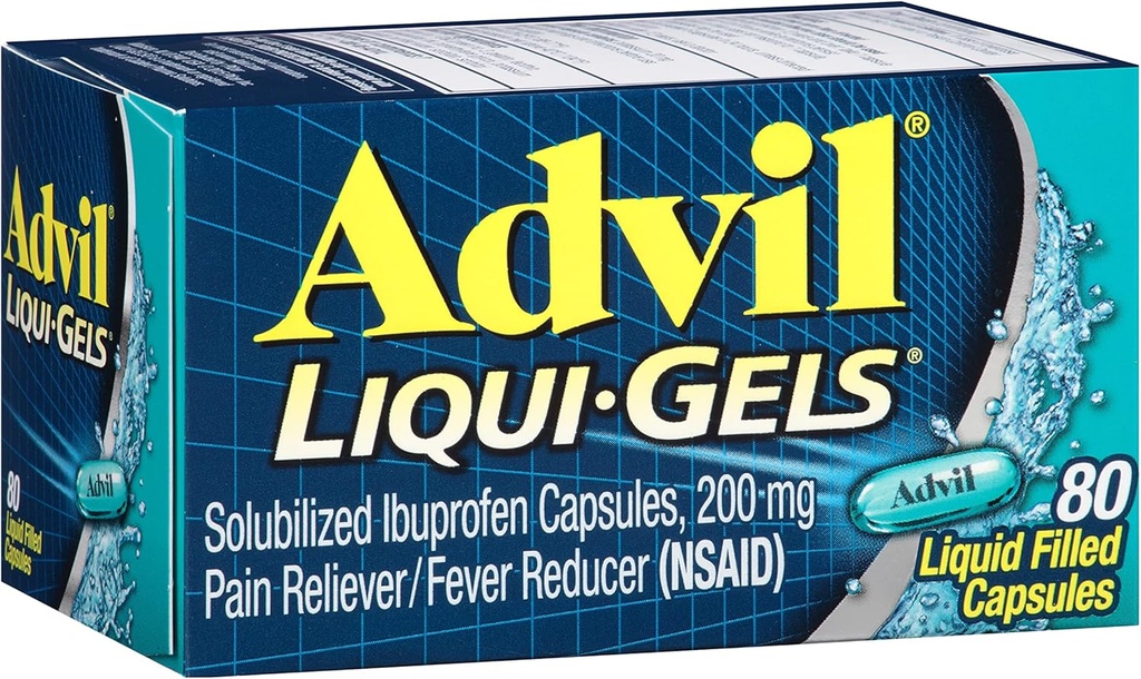Advil Liqui-Gels 疼痛解脱器和减热器,为头痛、背痛、月经疼痛和联合疼痛解脱的成年人提供200毫克的疼痛药物 -- -- 80个液体填充盖盖