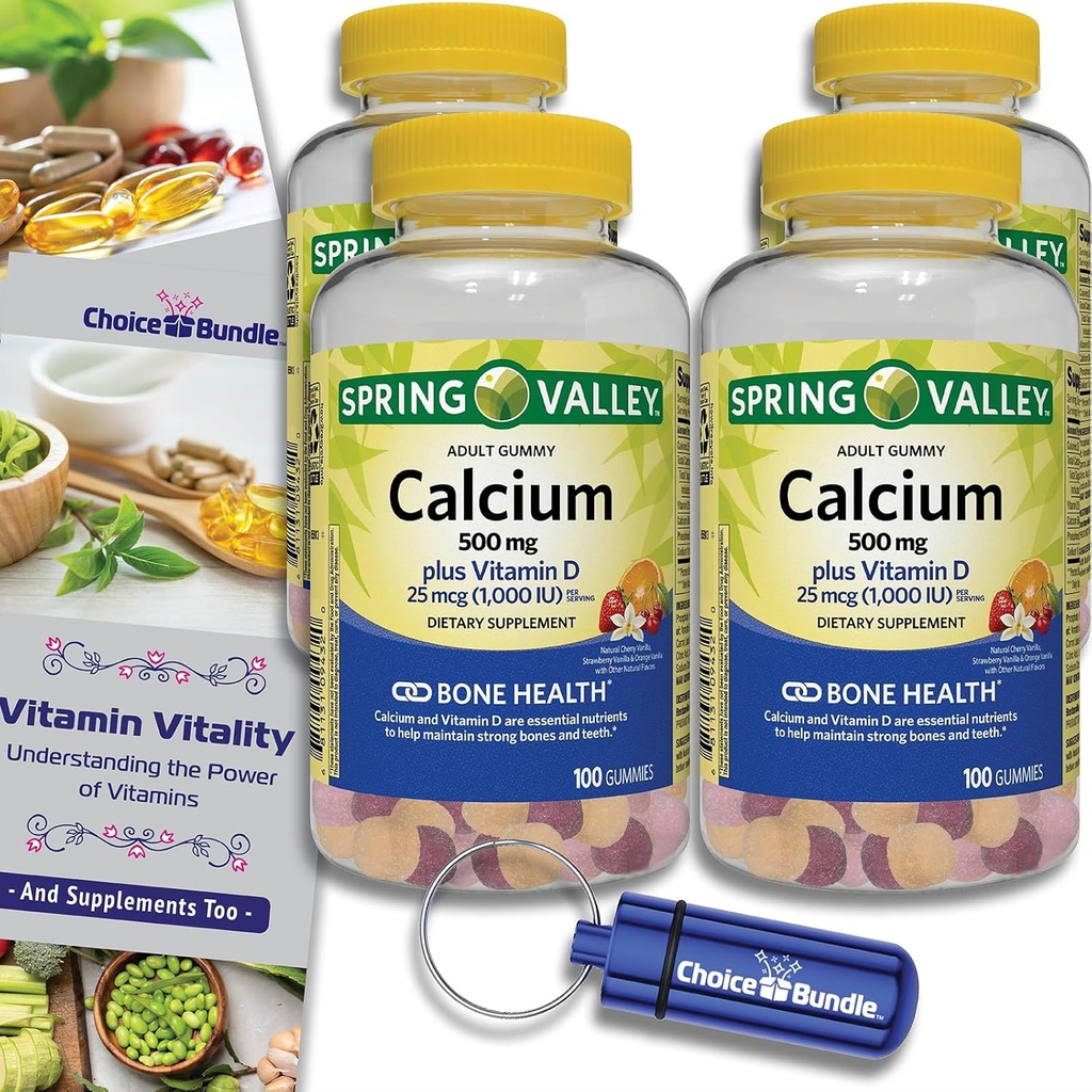 Choice Bundle Spring Valley Calcium 500 mg + 维生素D 25 mcg Bone 健康饮食补充剂 Gummys, 100 Ct 4 pk(共计400) + 维生素指南和药丸容器(6项)!