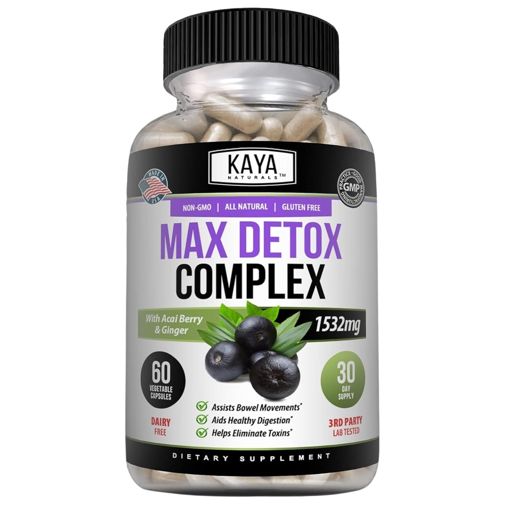 Kaya Naturals Max Detox 草药补充剂 - 天然成份 1532 mg - lium粉, Acai Berry 提取,姜根 60 计