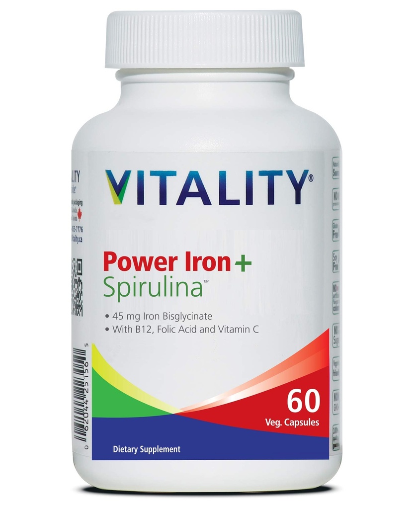 VITALITY Power Iron + Spirulina + Spiruina → 45mg iron → 造血者 → 缺血者 → 铁力支持 → Vegan → 全部自然补充 → 胃上的Gentle + Capsules ... (60 Counter (Pack of 1)).