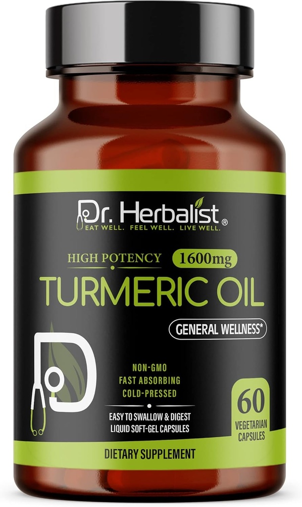 HERBALIST Turmeric Curcumin Oil Capsules 1600mg - 60 Capsules - 60 Capsules – Non-GMO – Fasting Absorbing – Vegetarian – 冷椒 – 高可能性 – AKA Haldi Capsules (1包: 60 Capsules) (1包: 60 Capsules)