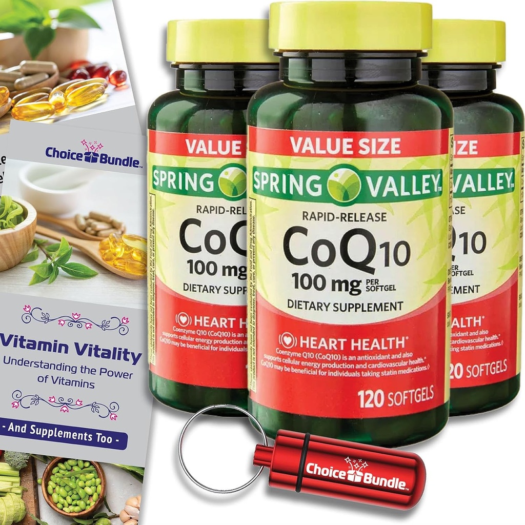 选择捆绑泉谷快速释放 CoQ10 Coenzyme Q10 100 mg 软胶 120 CT 3 pk(共计360) + 维生素指南和药剂容器(5项)!