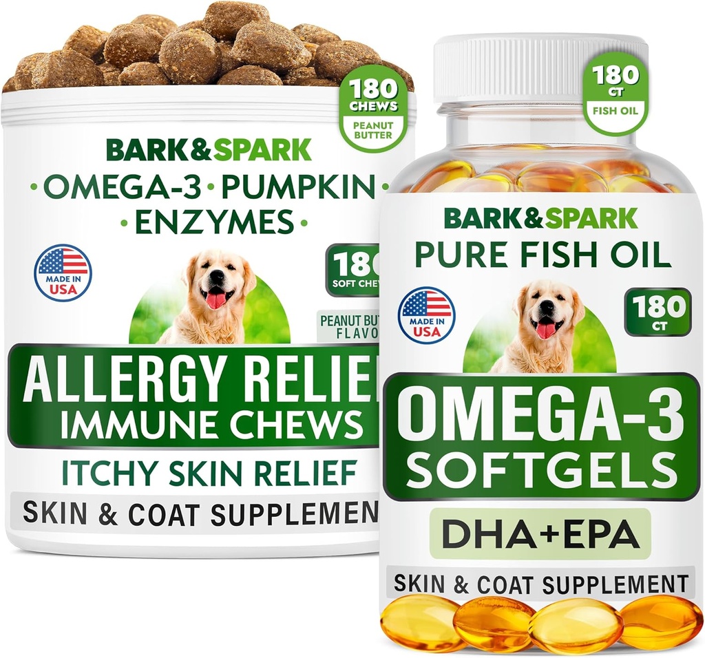 过敏救济 + Omega 3 Bundle - 抗痒皮肤和煤补充剂 + 皮肤过敏 - Omega 3 鱼油 + EPA & DHA 脂肪酸 - Itching&Paw Licking + 联合健康 - 180 Chews + 180 软胶 - 美国制造