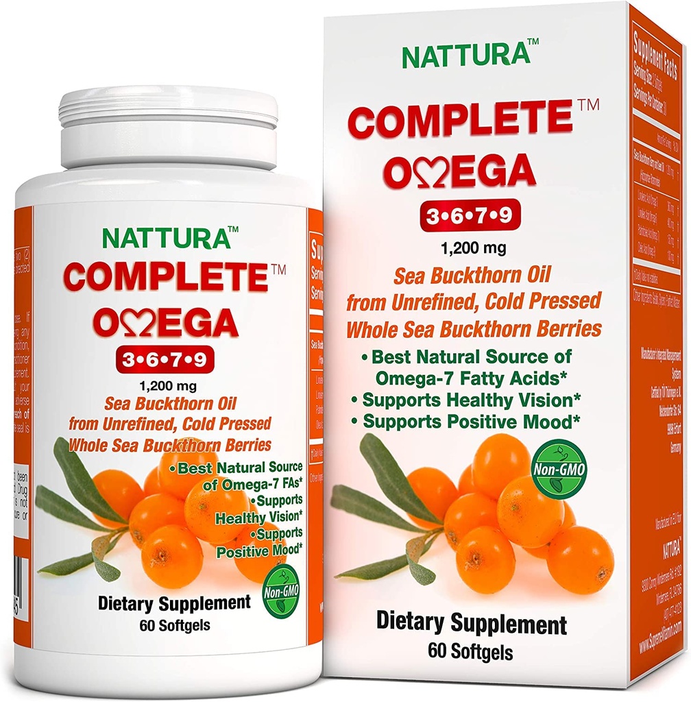 Nattura Complete Omega 3-6-7-9,纯海巴克特霍恩石油,欧洲品质,来自未精炼,冷压全海巴克特霍恩野生贝里斯 - Non-GMO,认证科舍尔,Gluten-Free 1瓶 - 60 Capsules