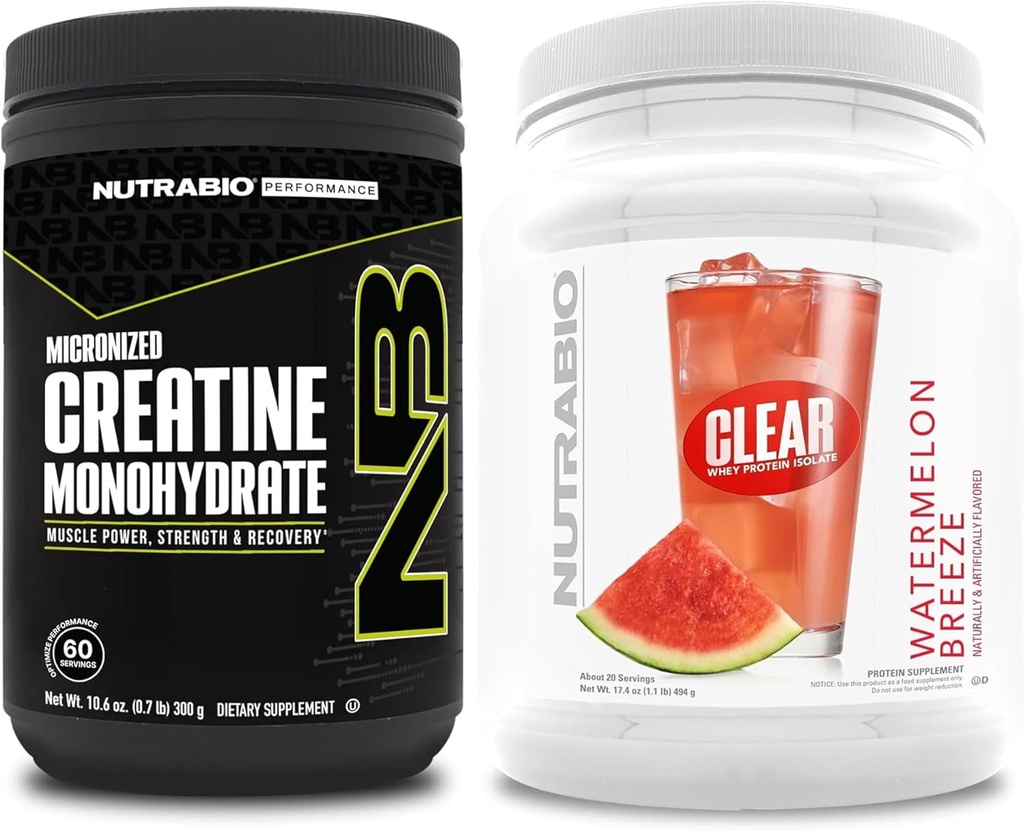 单水合核酸(NutraBio Creatine Monohydrate,(300克)和Clear Whey蛋白酸盐,(Watelon Breeze)补充包-肌肉能源、最大增长、恢复和强度