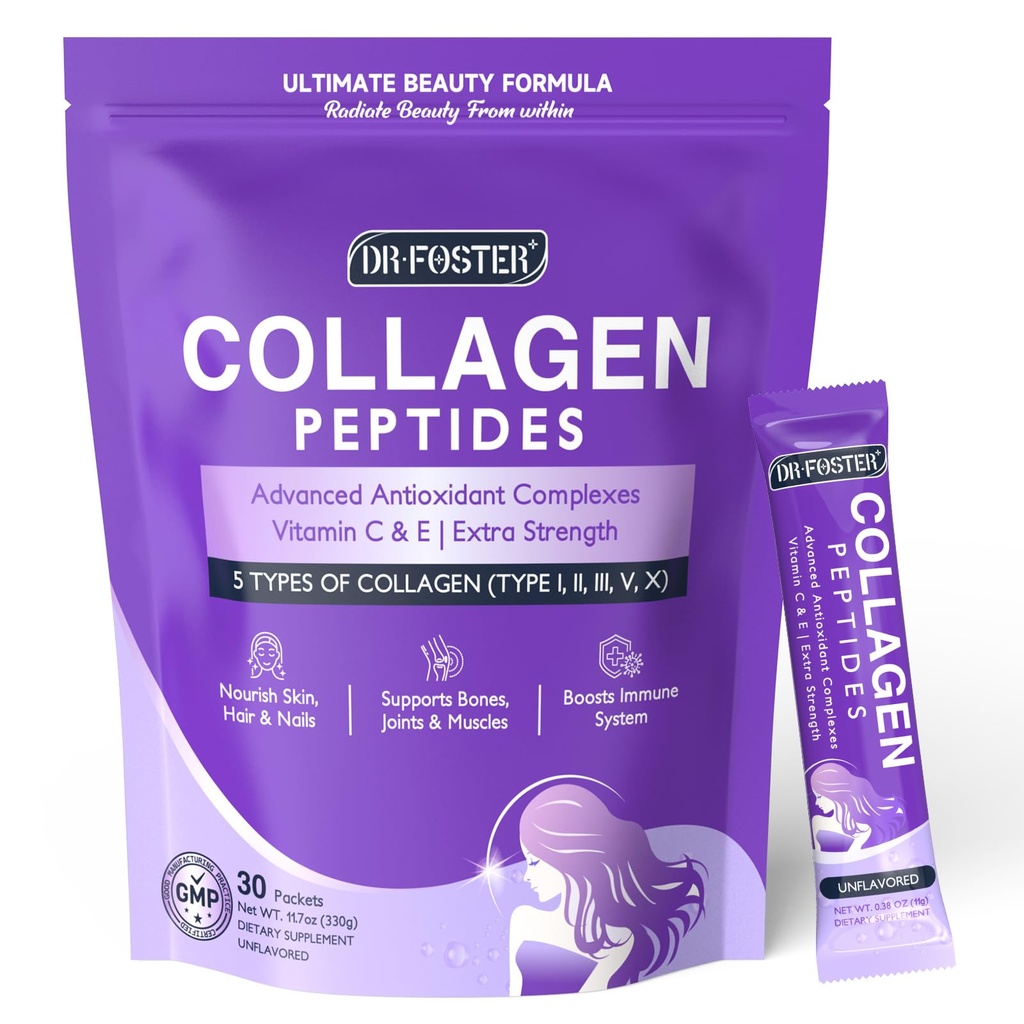 DRFSTER Collagen-Peptides-Powder-Packets - 多型 I II III V X Collagen 配抗氧化剂混合剂 + 维生素 C & E 配色皮, 发型, Nail & Joint, 非GMO, 30 棒包
