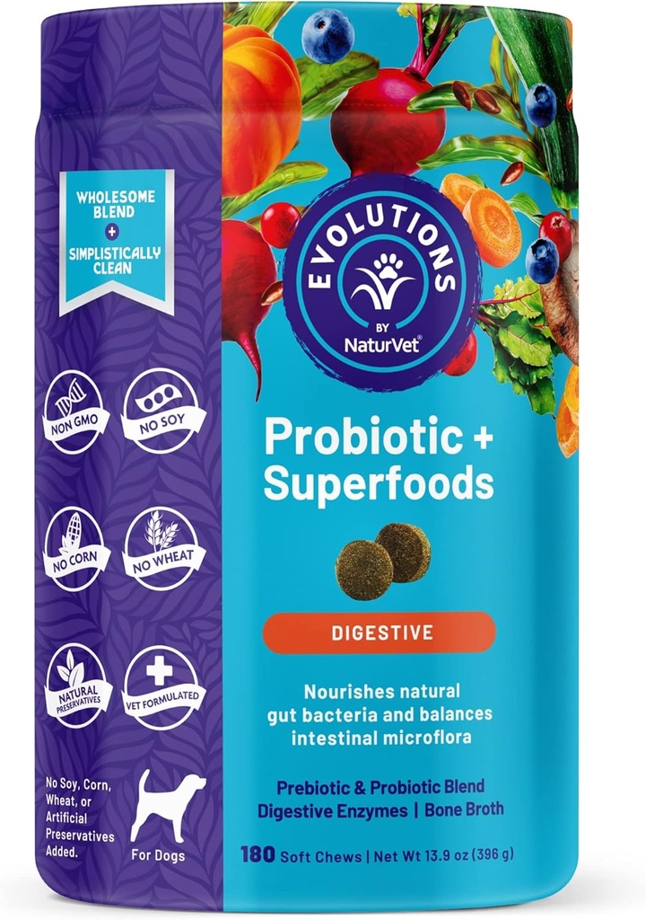 NaturVet Evolutions Probiotic & Superfoods 90ct 软食狗 - Prebiotic & Probiotic Blend, 消化酶, Bone Broth, Omega's - Nourishes Naturishes Natural Gut 细菌和肠道微生物