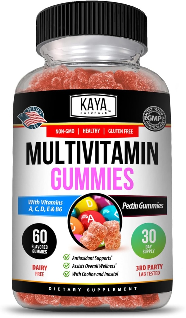 Kaya Naturals 成人多维生素Gummy, Biotin, Vitamin A, C & E, 包括锌和维生素B-12, Folic Acid,草莓 Flavor QQ Gluten-Free 多维生素 Sweet Gummys - 60 Gummys