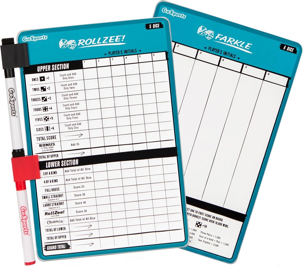 GoSports 干 Erase Rollzee 和 Farkle 计分板 - 巨型大小,带有2个笔