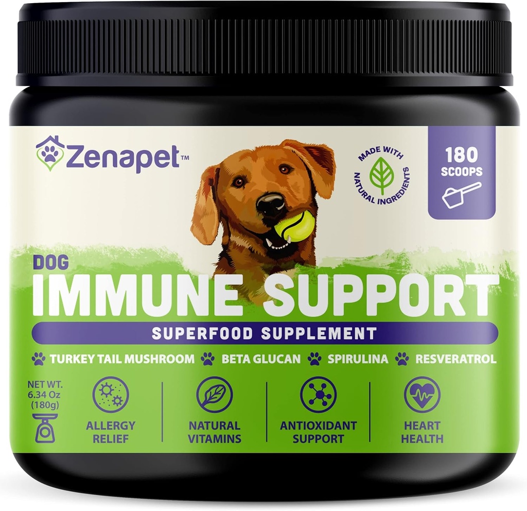 ZENAPET 狗免疫支持 Premium Powder Topper, Turkey Tail, Spirulina & Beta-Glucan, 支持健康免疫系统和文摘, Human-Grade, 美国制作