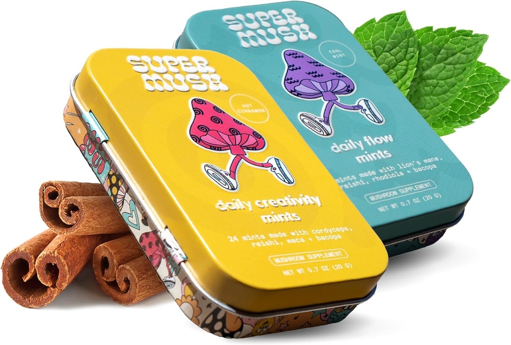 SuperMush Daily SuppleMint - 2 Flow & Focus Mints + 2 Creative & Connect Mints - 蘑菇Mint – Lions Mane, Cordyceps, 和 瑞西混合蘑菇
