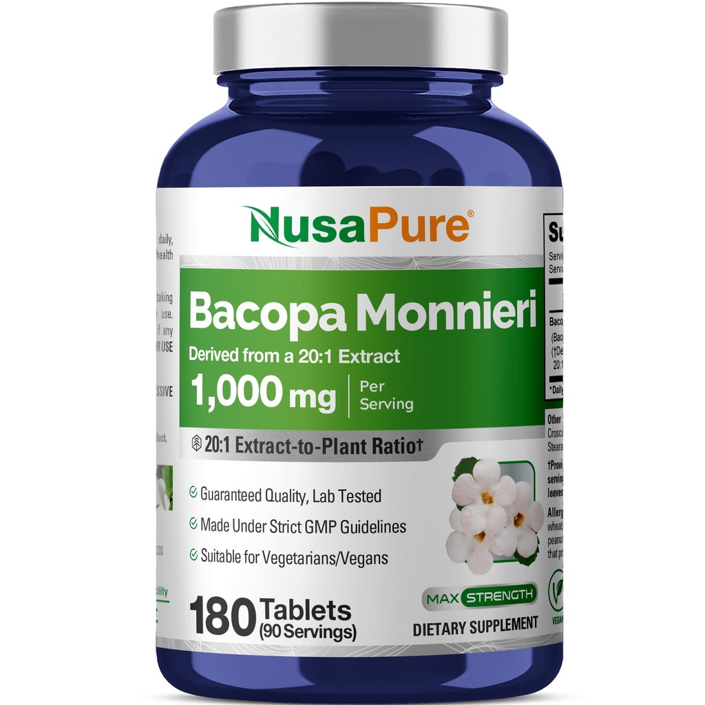 NusaPure Bacopa Leaf Monnieri 提取物 20,000 mg 180 片(排出 20:1,非GMO,无胶原)