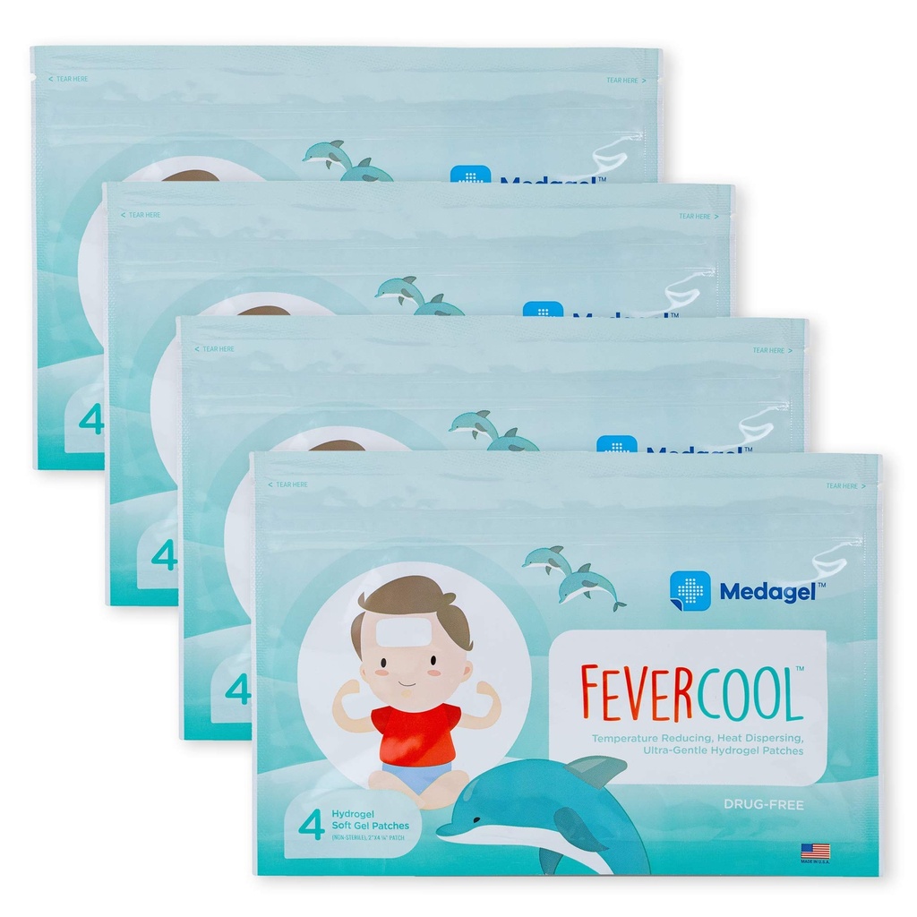 FeverCool 补丁 - Fever的冷却补丁, Migraine 和 Headache Relief QQ 在美国制造的 QQ 酷温 – Mess & Odor Free & Kids 2+QQ 4 Packs (16 x Patches)