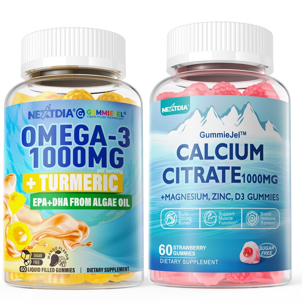 1Pack 无糖钙 CCTrate, 镁 CCTrate & 1Pack Vegan Omega-3 Gummys 1000mg + Turmeric