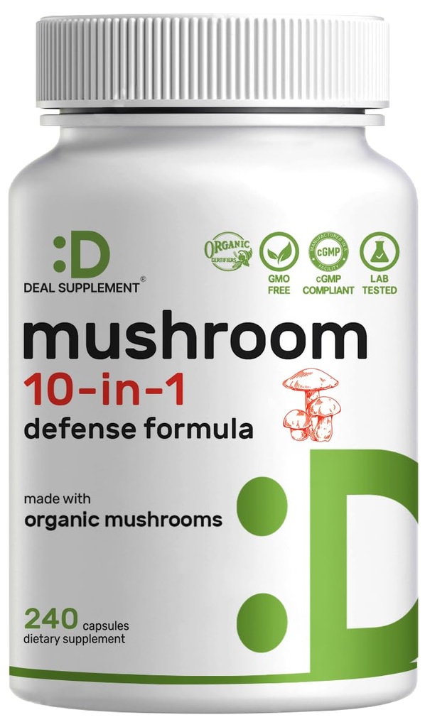 有机10-in-1 蘑菇增殖,240 Capsules – Lions Mane,土耳其 Tail, Reishi, Cordyceps & More Mushroom Complex – Imune, Energy & Nootropic Brain Support – Non-GMO