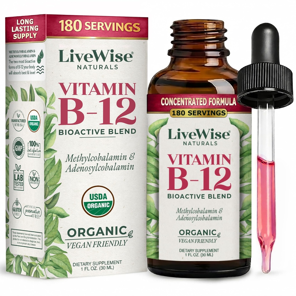 LiveWise Naturals B12 维生素投放非GMO,有机生物活性混合能源,明亮,聚焦,以及易吸收,Adenosylcobalamin & Methycobalamin 补充,Vegan,Gluten-Free,乳制品