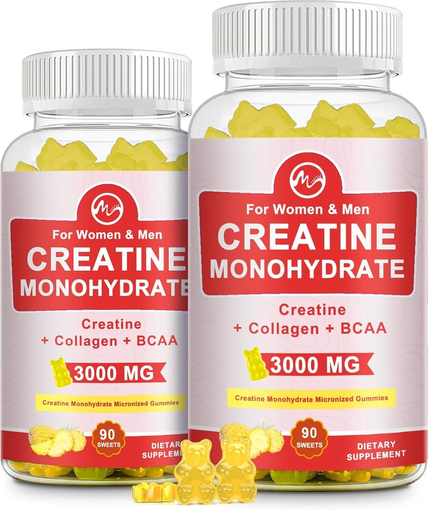 Creatine Gummy,每服3克Creatine 单水合物,无糖Creatine 单水合物Gummy用于肌肉生长和强力,配有0.5克Collagen,0.2g BCAA,60枚Pineapple Flavor,2包