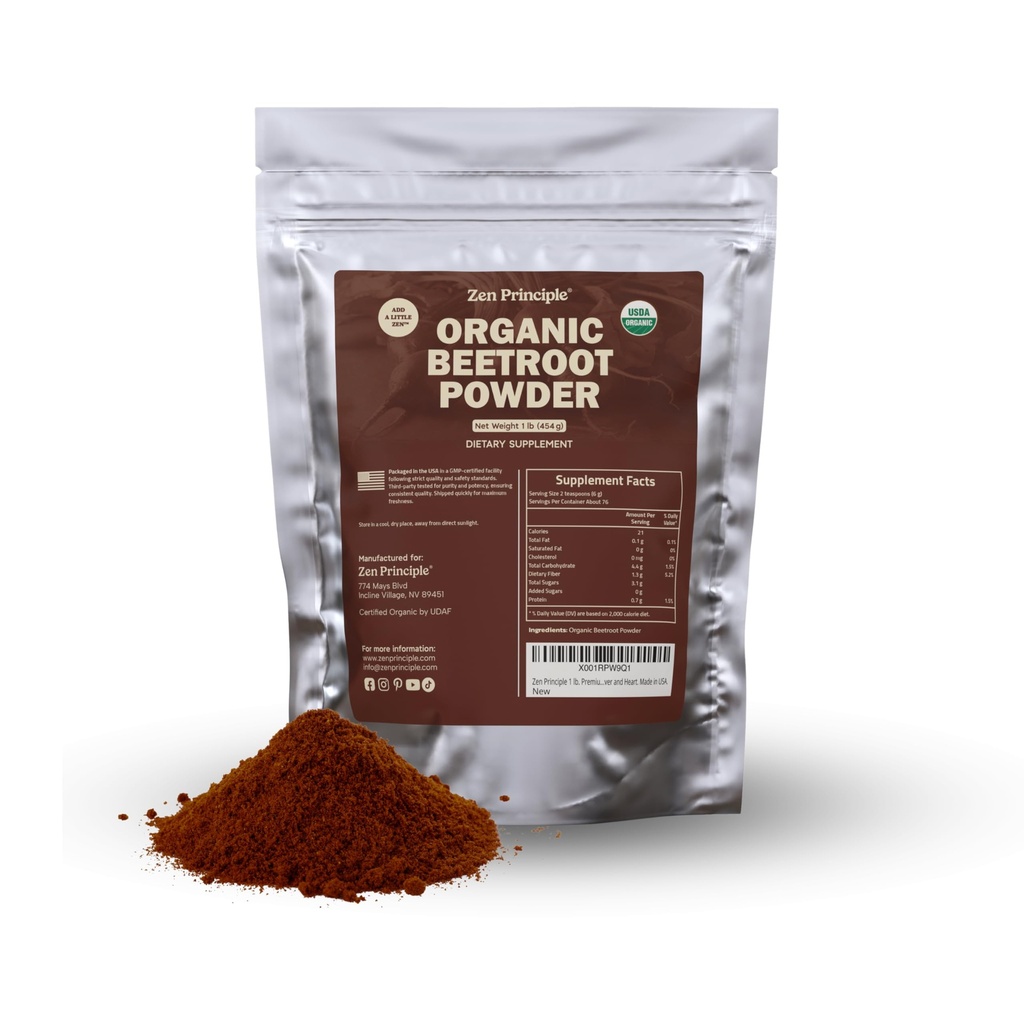 Zen Principle 1 lb. Premium Organic Beetroot Powder. 100%的USDA认证. 比甜菜汁还多糖和糖 所有自然能量助推,支持健康生命与心. 美国制造的
