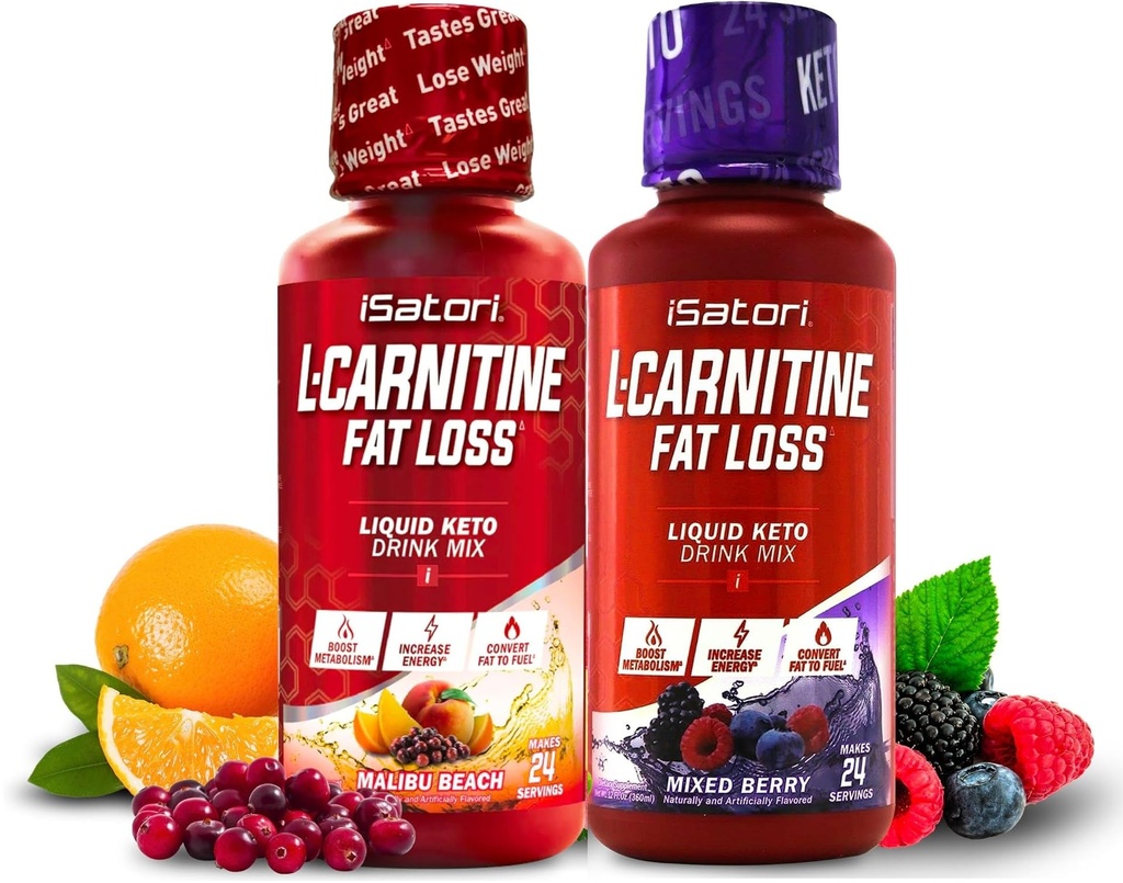 iSatori L-Carnitine 1500,液态L-Carnitine与乙酰L-Carnitine,混合Berry Flavor(24人)与马里布海滩 Flavor(24人)