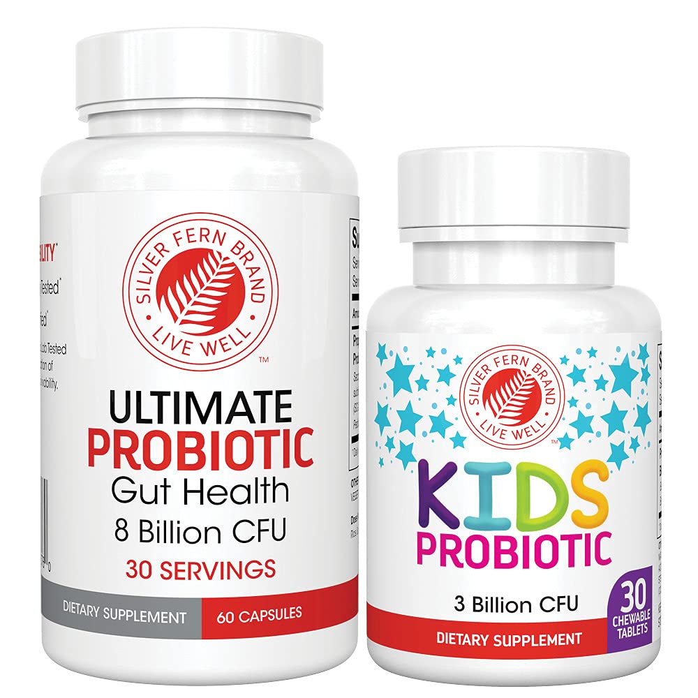 Silver Fern Brand Family Probiotics - 终极成人 Probiotic(1瓶=60卡普勒斯) + 终极儿童 儿童 Probiotics (1瓶=30 Chewables) - Gut Health & Microbiome Support