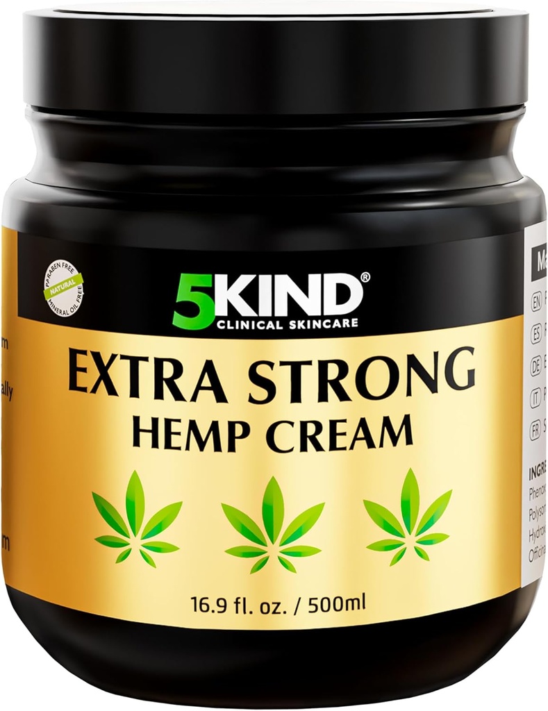 5kind Extra strong Hemp Cream 16.9 fl oz - 最大强度 - 自然舒缓救济 - 下背、关节、颈部、膝盖和肩部的肌肉润滑 - 最大强度 Hemp Cream
