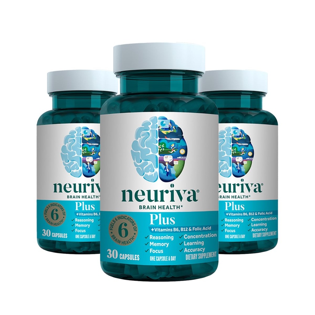 NEURIVA + 记忆、焦点和浓度+认知功能的大脑补充,临床试验的诺托定律 Phosphatidylserine 和神经元体,VIT B6 & B12, 30 Capsules (3 Pack)