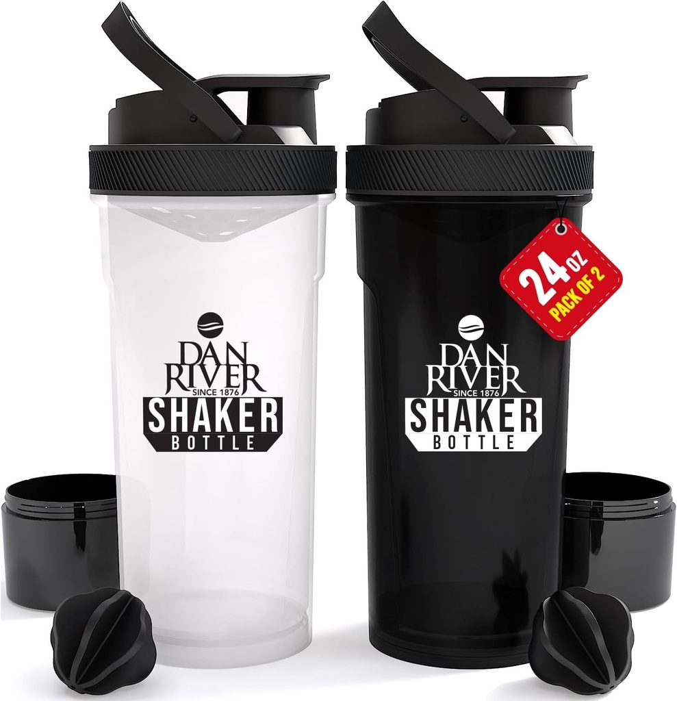 DAN RIVER 2-Pack 摇摆瓶 → 24oz 塑料蛋白摇摆机和Mixer → Twist 和 Lock 设计用于平滑和蛋白混合体 → 持久,漏损,易清洁 → 清净和黑色摇摆瓶 用于健身
