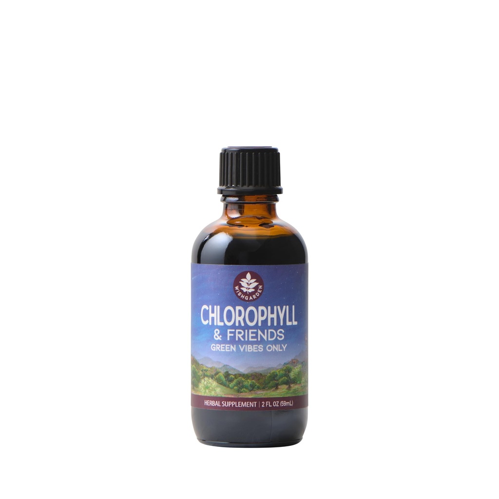 WishGarden Herbs Chlorophyll & Friends - 含硝叶、圣巴西尔、莫林加叶和辣椒薄荷叶的氯石脂液滴,支持增加能源、健康免疫和应激反应,2oz