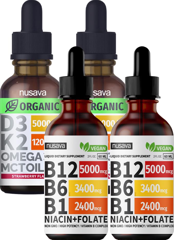 NUSAVA 维生素 B12 液体滴和草莓火焰 D3 K2 包 - 用于心脏,联合,能量,和免疫支持的强力液体维生素 - 非GMO,Gluten-Free,各2pk