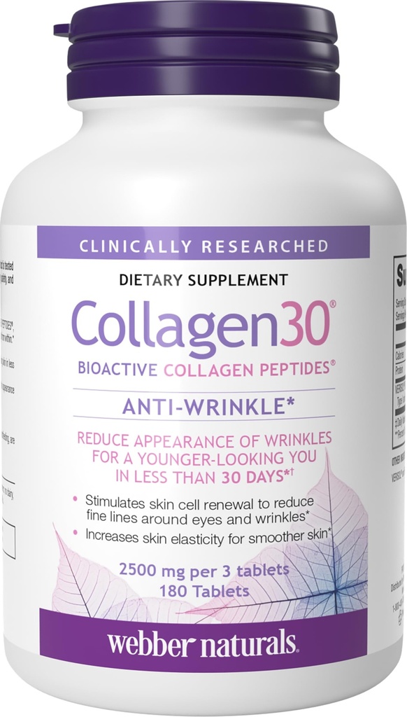 Webber Naturals Collagen30 反皱纹,2,500mg 生物活性Colagen Peptides per service,180 片,帮助减少深皱纹,精细线和刺激皮肤细胞,非转基因生物,乳制品和胶质自由