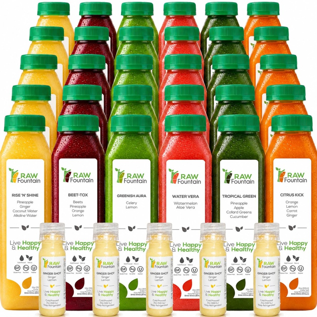 (原始内容存档于2018-07-21) (英语). 5 Day Juice cleanse by Raw Fountain, Tropical Flavors, All Natural Raw, Cold Pressed Fruice and Vegetable Juices, Detox cleanse, 30 Bottles 12oz, 5 Bonus Ginger Shots (英语).