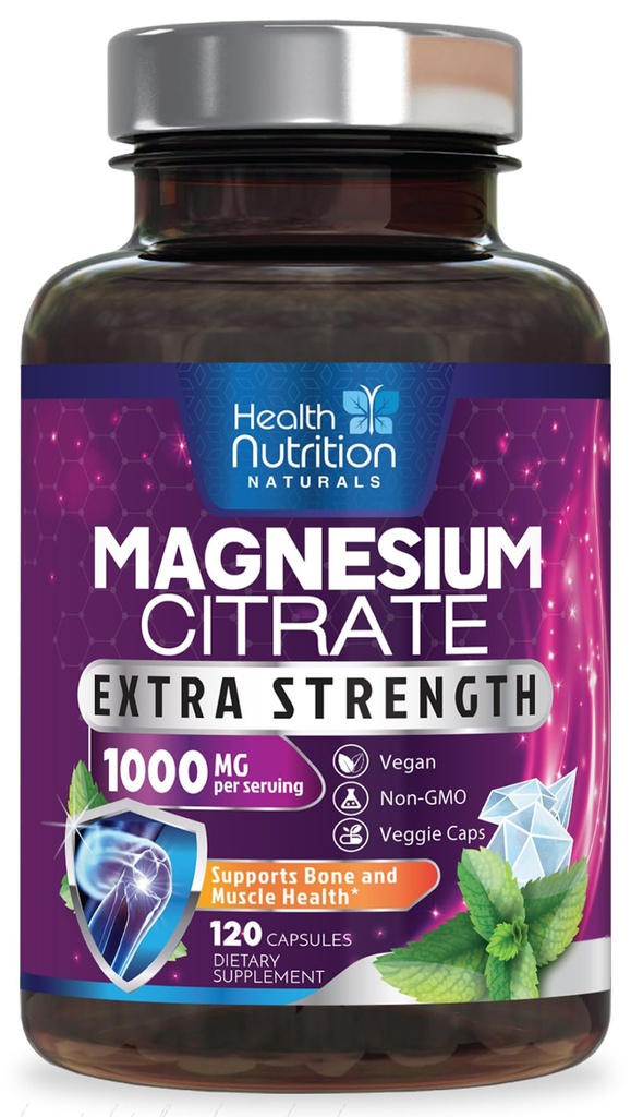 Magnesium Citrate 1000mg Per Serving - Max Absorption Magnesium Powder Capsules for Muscle, Nerve and Heart Health Support, High Absorption Citrate Complex, Gluten Free, Non-GMO - 120 Capsules