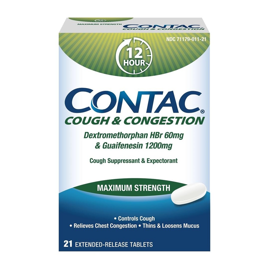 Contac cough & Contracting 最大强度控制 Cough, 细辛和 Loosens Mucus, Guaifenesin & Dexteromethorphan HBr, 扩展释放片, 21 计