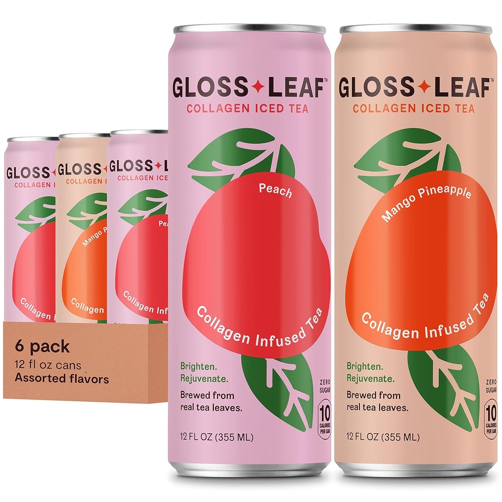 Gloss Leaf Collagen Iced Tea(零苏加,分类):与Collagen Peptides蛋白和维生素C, Beauty & Anti-Agree,12 Fl Oz,6 Pack一起酿制的黑茶