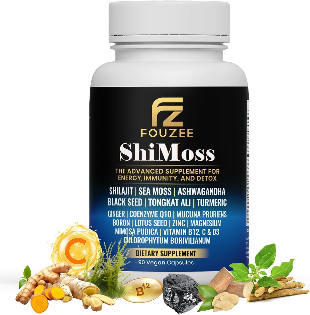 ShiMoss Supplement w/Shilajit 1000mg, Sea Moss 7000mg, Ashwagandha 9000mg, Tongkat Ali 90000mg, 维生素C, B12, Boron, Turmeric, Ginger - 男女免责饮食卡普尔 - 90