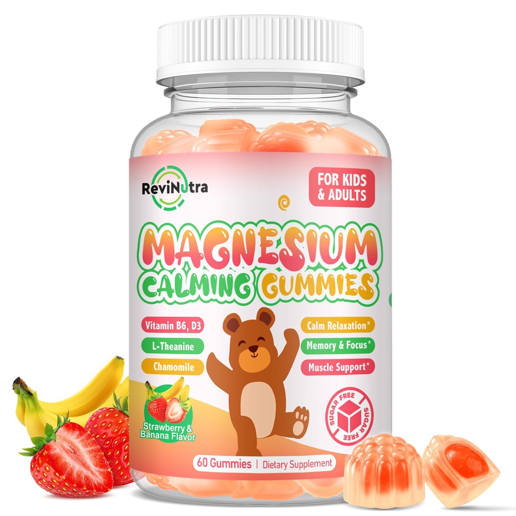 儿童用镁(Gummys) - L- Theanine用镁(Glycinate) Gummys, 维生素B6, 儿童与成年人用D3 睡眠, 冷静, 放松, 大脑, 骨头, 肌肉救济, 无糖香蕉和草莓 60ct