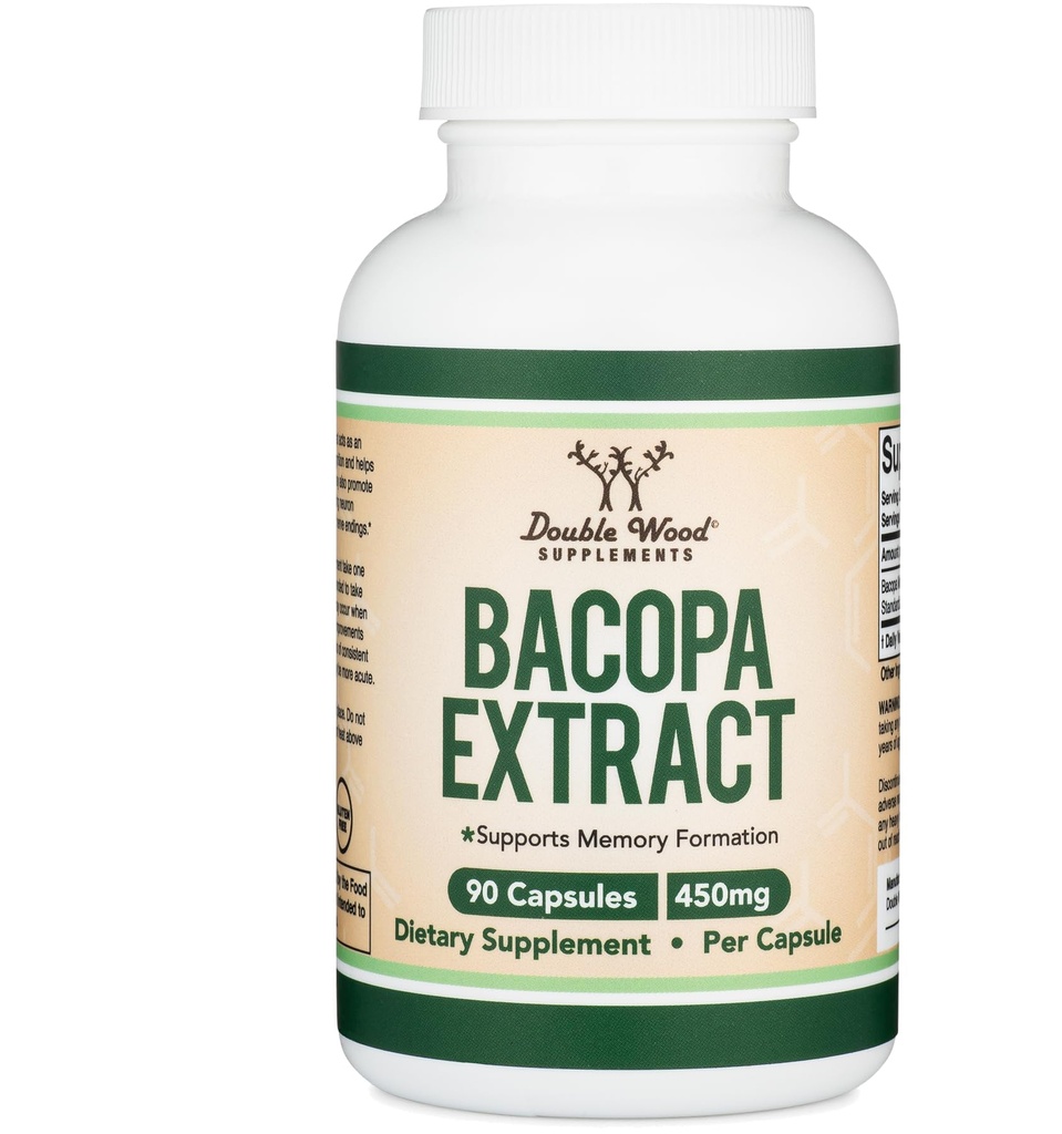 Bacopa Monnieri Capsules 20% Bacosides 450mg, 90 Counter(非GMO, Gluten Free) Brahmi 提取(大脑健康、焦点和认知功能的记忆补充),由双木制作